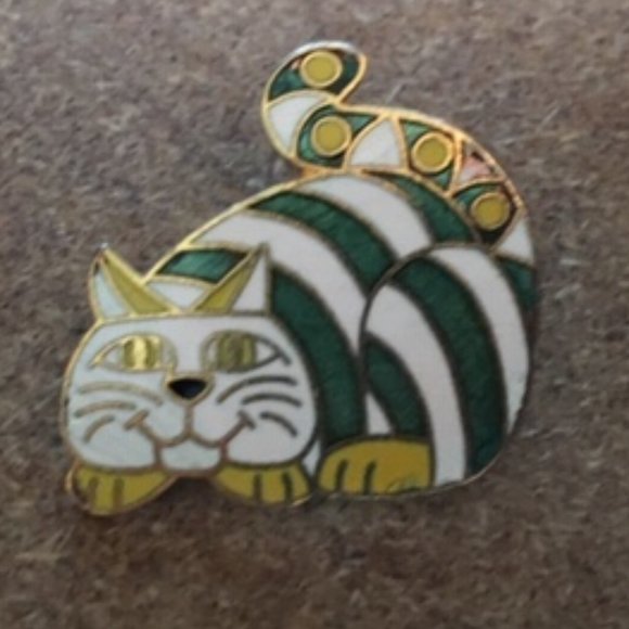 VTG Green & White Striped Enamel Cat Pin Yellow & Gold Tone 1" Taiwan - Picture 3 of 7